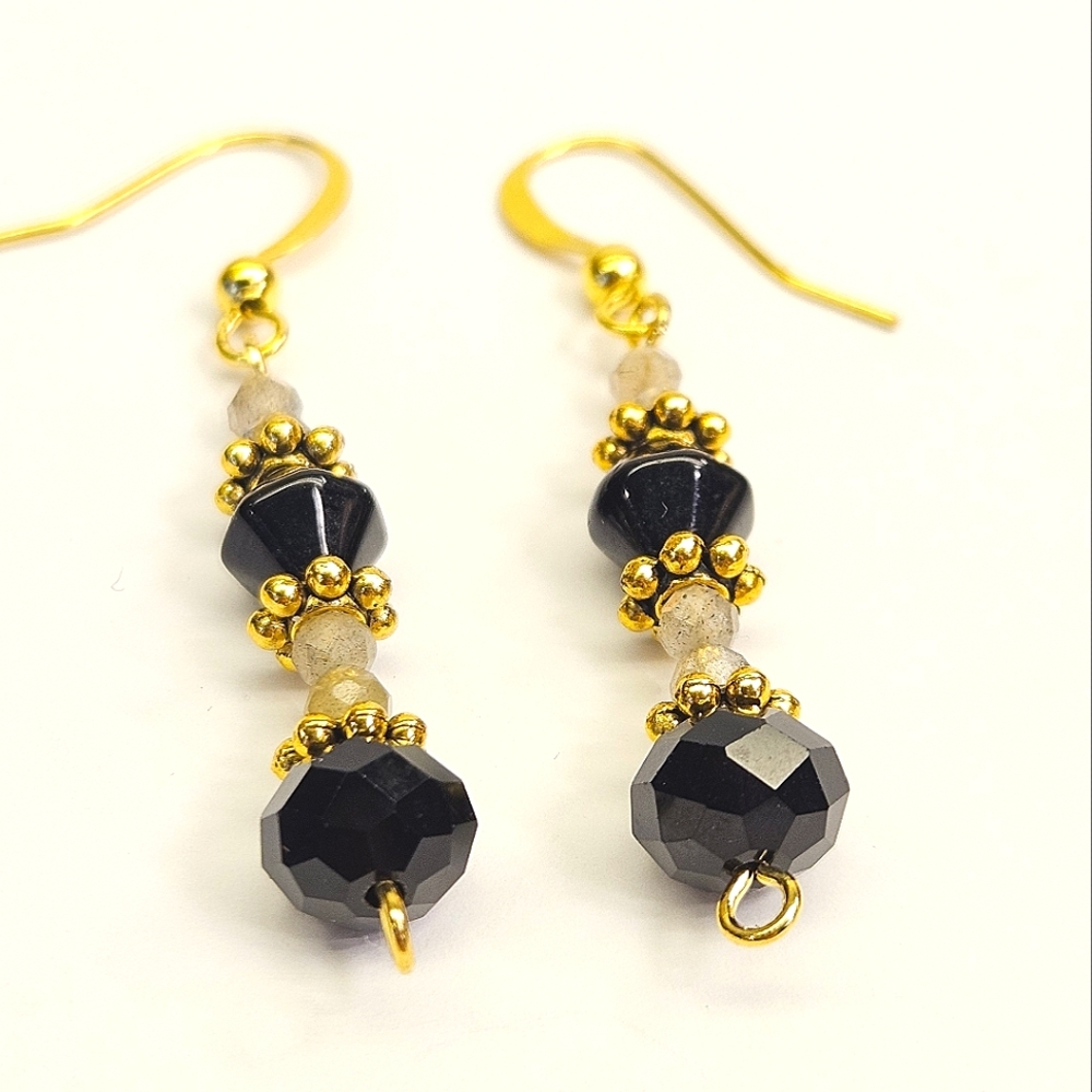 Handmade Labradorite and Black Faceted Glass Beaded Earrings - Picture 3 of 6